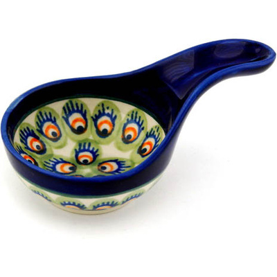Polish Pottery Condiment Dish 5&quot; Peacock Feathers
