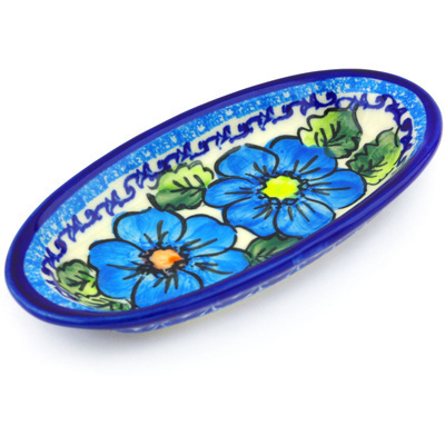 Polish Pottery Condiment Dish 6&quot; Bold Blue Poppies UNIKAT