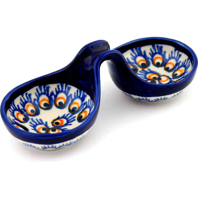 Polish Pottery Condiment Dish 6&quot; Peacock Feathers