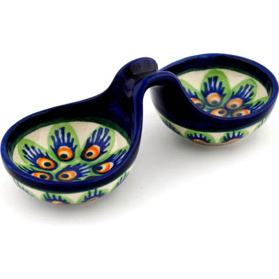 Polish Pottery Condiment Dish 6&quot; Peacock Feathers