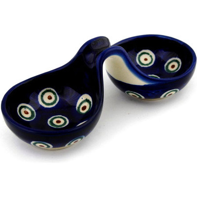 Polish Pottery Condiment Dish 6&quot; Peacock Leaves