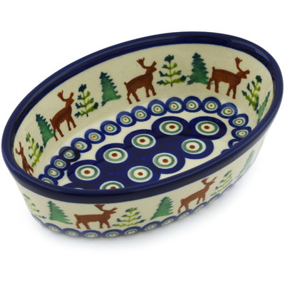 Polish Pottery Condiment Dish 6&quot; Reindeer In The Pines