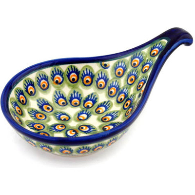 Polish Pottery Condiment Dish 7&quot; Peacock Feathers
