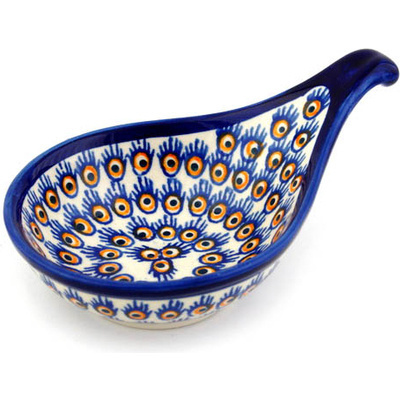 Polish Pottery Condiment Dish 7&quot; Peacock Feathers