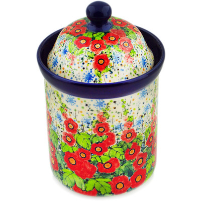 Polish Pottery Cookie Jar 8&quot; Hollyhocks UNIKAT