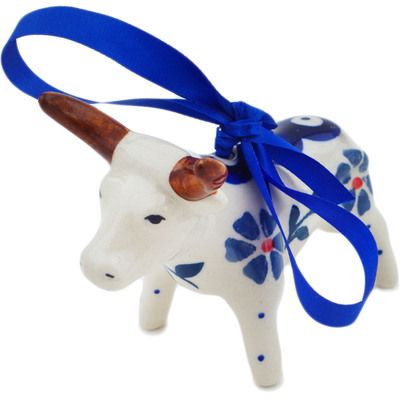 Polish Pottery Cow Figurine 4&quot; Peacock Forget-me-not