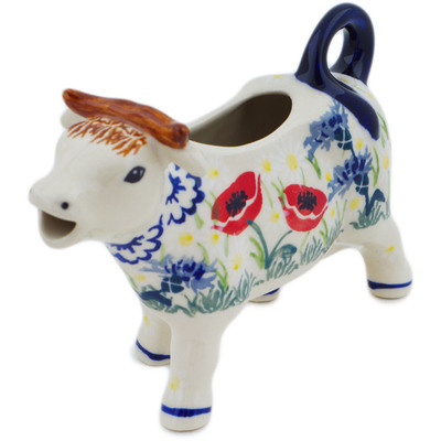 Polish Pottery Cow Shaped Creamer 4 oz Poppies And Cornflowers UNIKAT