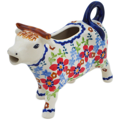 Polish Pottery Cow Shaped Creamer 4 oz Red Flower Meadow