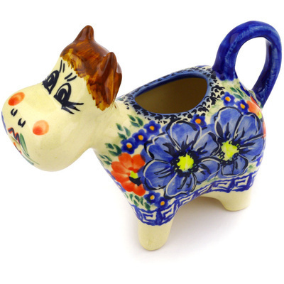 Polish Pottery Cow Shaped Creamer 5 oz Aztec Flowers UNIKAT