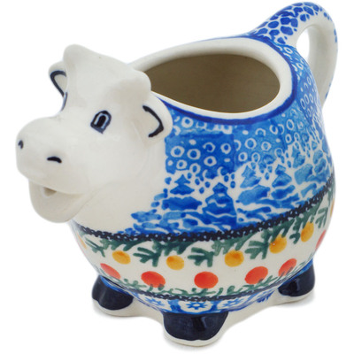 Polish Pottery Cow Shaped Creamer 6 oz Winter Forest UNIKAT