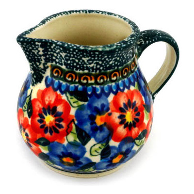 Polish Pottery Creamer 7 oz Blue And Red Poppies UNIKAT