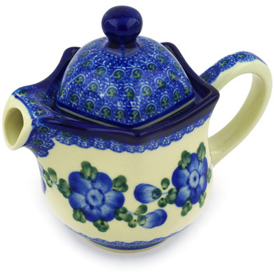 Polish Pottery Creamer with Lid 12 oz Blue Poppies