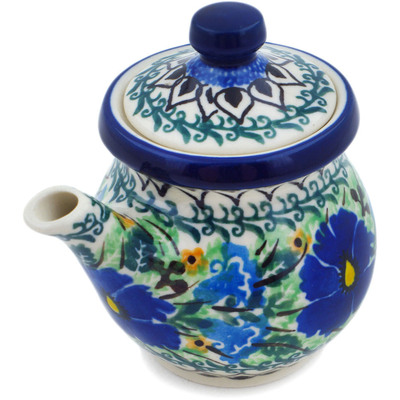 Polish Pottery Creamer with Lid 5 oz Wind Blown Blue Bells UNIKAT