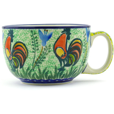 Polish Pottery Cup 13 oz Rooster Parade UNIKAT