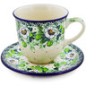 Polish Pottery Cup with Saucer 10 oz Daisies Wreath UNIKAT