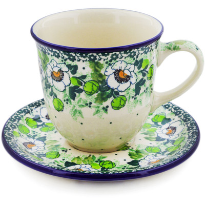 Polish Pottery Cup with Saucer 10 oz Daisies Wreath UNIKAT