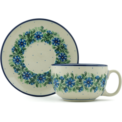 Polish Pottery Cup with Saucer 13 oz Blue Bell Wreath