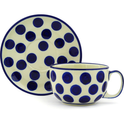 Polish Pottery Cup with Saucer 13 oz Bold Blue Dots
