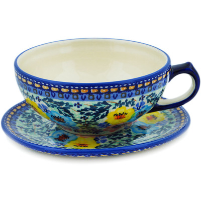 Polish Pottery Cup with Saucer 13 oz Pastel Blooms UNIKAT