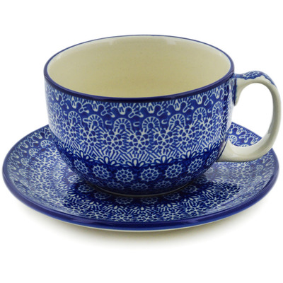 Polish Pottery Cup with Saucer 13 oz Winter Frost