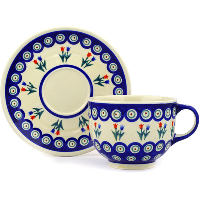 Polish Pottery Cup with Saucer 18 oz Tulip Pair Peacock