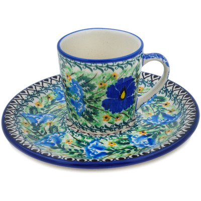 Polish Pottery Cup with Saucer 3 oz Wind Blown Blue Bells UNIKAT