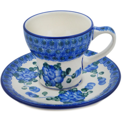 Polish Pottery Cup with Saucer 4 oz Blue Poppies