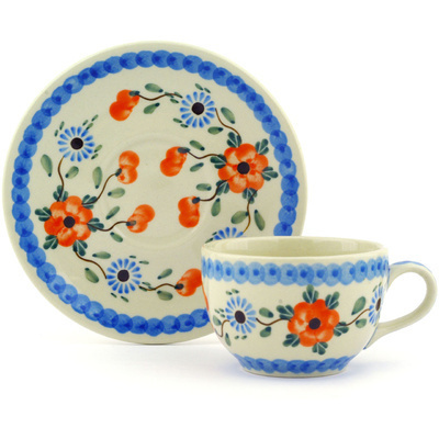 Polish Pottery Cup with Saucer 4 oz Cherry Blossoms