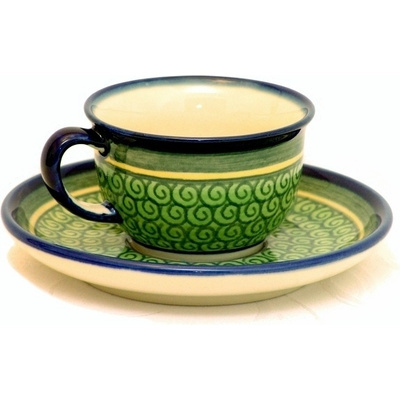 Polish Pottery Cup with Saucer 5 oz Celadon Swirl