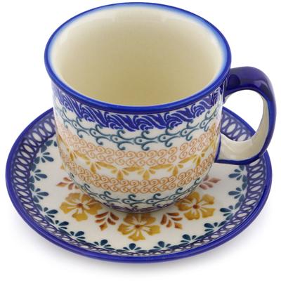 Polish Pottery Cup with Saucer 7 oz Autumn Swirls