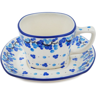 Polish Pottery Cup with Saucer 7 oz Berry Much Blue