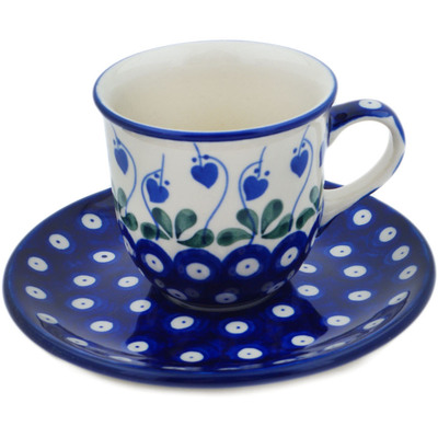 Polish Pottery Cup with Saucer 7 oz Bleeding Heart Peacock