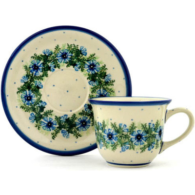 Polish Pottery Cup with Saucer 7 oz Blue Bell Wreath
