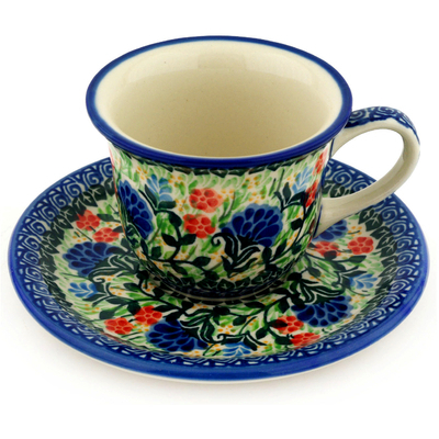 Polish Pottery Cup with Saucer 7 oz Blue Bonnets UNIKAT