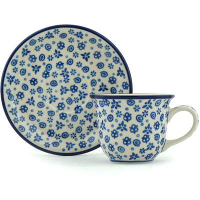 Polish Pottery Cup with Saucer 7 oz Blue Confetti