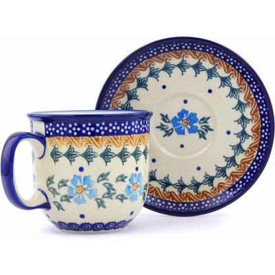 Polish Pottery Cup with Saucer 7 oz Blue Cornflower