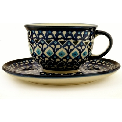 Polish Pottery Cup with Saucer 7 oz Blue Diamond Dream