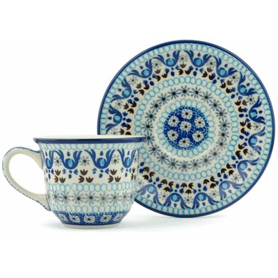 Polish Pottery Cup with Saucer 7 oz Blue Ice