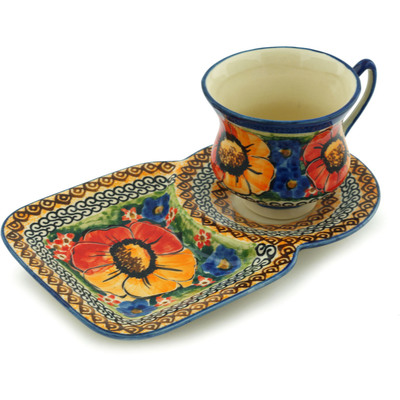 Polish Pottery Cup with Saucer 7 oz Bright Beauty UNIKAT