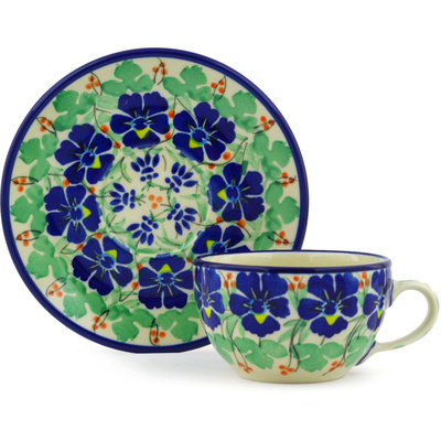 Polish Pottery Cup with Saucer 7 oz Brilliant Ivy UNIKAT