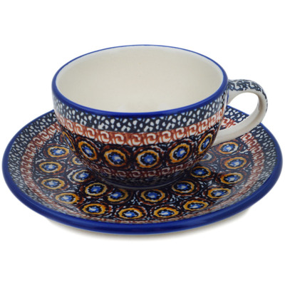 Polish Pottery Cup with Saucer 7 oz Brown Beauty UNIKAT