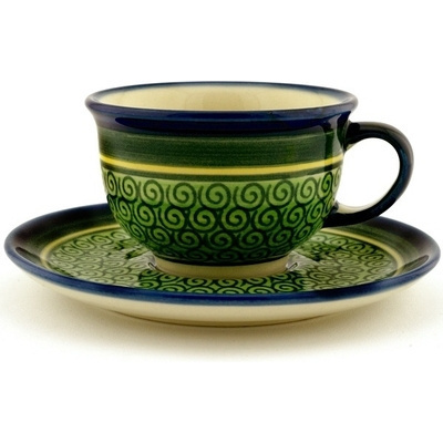 Polish Pottery Cup with Saucer 7 oz Celadon Swirl