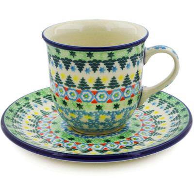 Polish Pottery Cup with Saucer 7 oz Christmas Forest UNIKAT