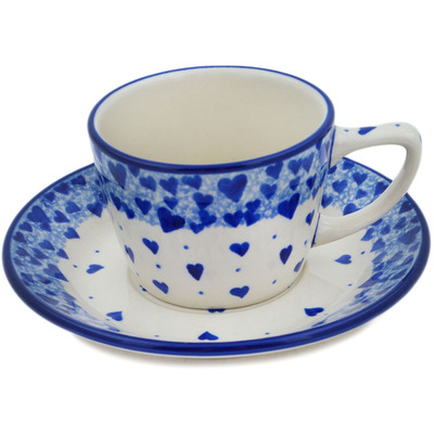 Polish Pottery Cup with Saucer 7 oz Cobalt Love