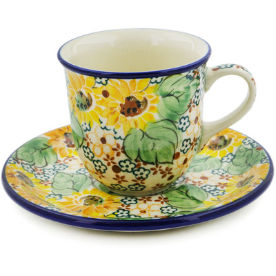 Polish Pottery Cup with Saucer 7 oz Country Sunflower UNIKAT