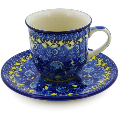Polish Pottery Cup with Saucer 7 oz Deep Blue UNIKAT