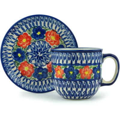 Polish Pottery Cup with Saucer 7 oz Floral Burst