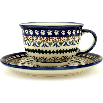Polish Pottery Cup with Saucer 7 oz Floral Peacock UNIKAT