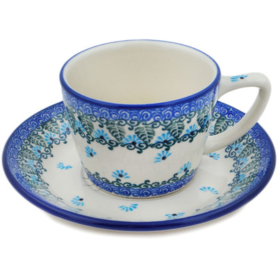 Polish Pottery Cup with Saucer 7 oz Forget Me Not UNIKAT