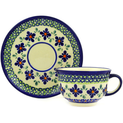 Polish Pottery Cup with Saucer 7 oz Gingham Flowers